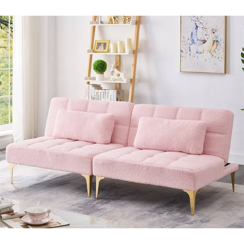71" Convertible Sofa Bed Futon with Gold Metal Legs Teddy Fabric