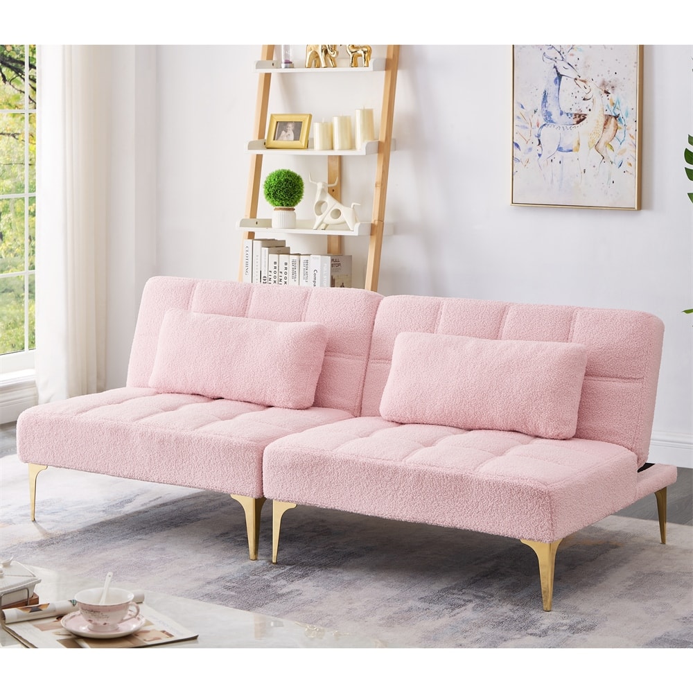 71" Convertible Sofa Bed Futon with Gold Metal Legs Teddy Fabric