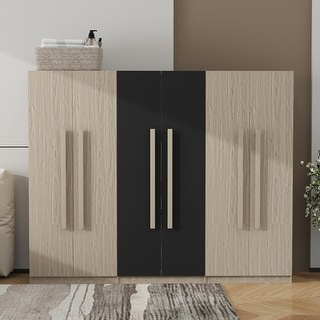Wooden Rattan 6-Doors Armoire & Wardrobe with 2 Drawers and Adjustable Shelving