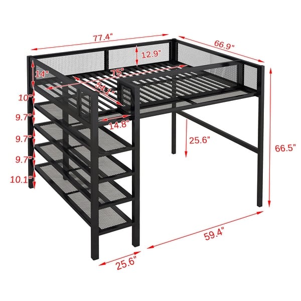 dimension image slide 3 of 7, Heavy Duty Metal Loft Bed Frame for Dorm with 4-Tier Storage Shelves, Ladders & Safety Guard Rail, Storage Platform Bed