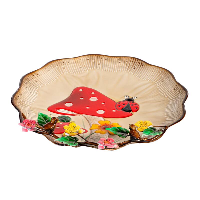 17" Metal Sculpted Edge Bird Bath, Flowers & Mushrooms