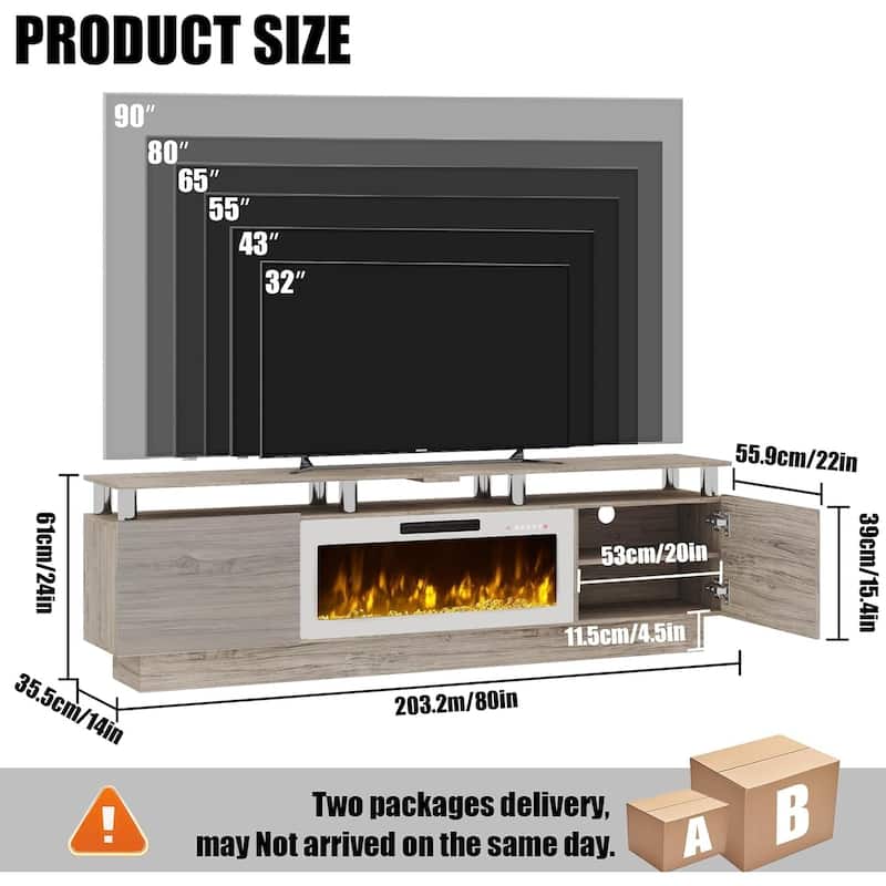 BOSSIN 80" TV Stand Entertainment Center with 36" Electric Fireplace, for TVs up to 90", High Gloss Cabinet with LED Light