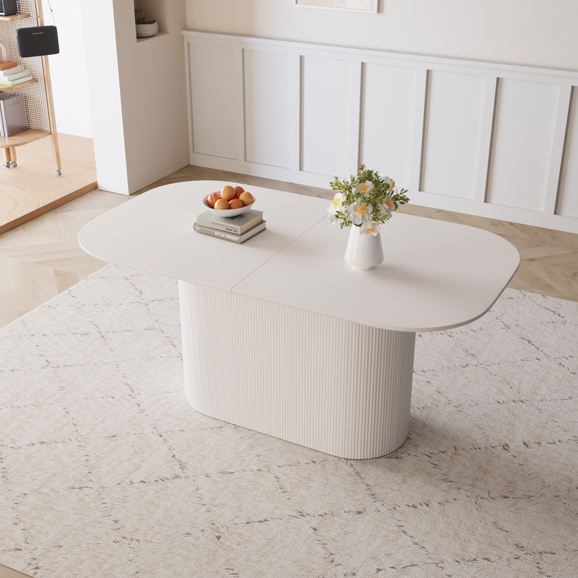 63" Rectangular Dining Table with Wavy Pattern Pedestal and Curved Corner, Modern Conference Table Office Table for Living Room