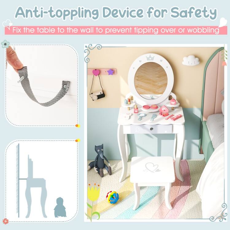 Kids 2-in-1 Princess Makeup Table and Chair Set with Removable Mirror-White - 19.5" x 13.5" x 36.5"