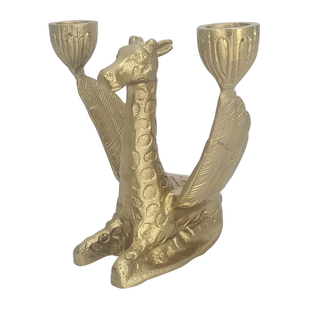 Sagebrook Home 6" Metal Giraffe with Wings, Dual Taper Candle Holder in Aluminum, Elegant Suar Wood Finish - 7" x 5" x 6"