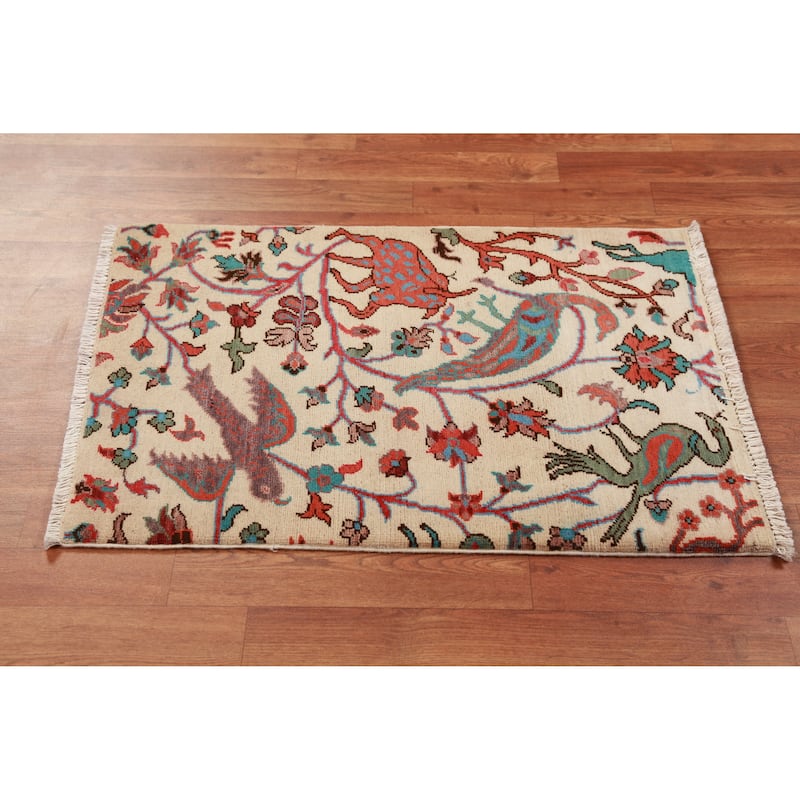 Traditional Kazak Oriental Foyer Rug Hand-Knotted Beige Wool Carpet - 2'0"x 3'0" - 2'0"x 3'0" - Ivory/Beige