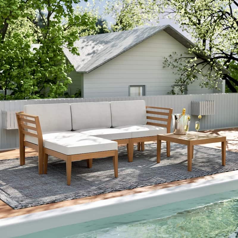 Werph 5 Pieces Outdoor Couch Patio Sectional Sofa with Acacia Wood Coffee Table, L Shape Outdoor Sectional Furniture