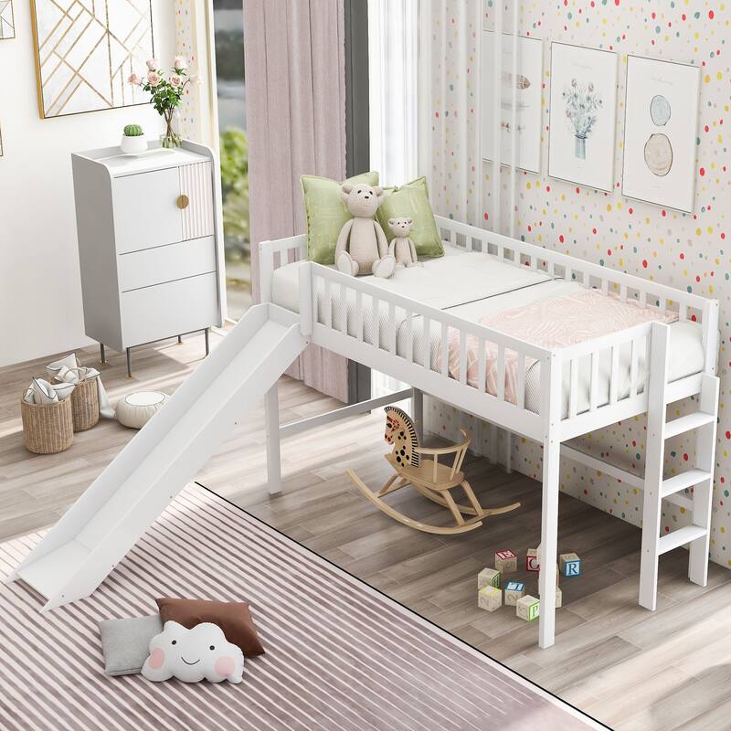 Low Loft Bed Toddler Bed Kids Bed with Slide and Ladder - White - Twin