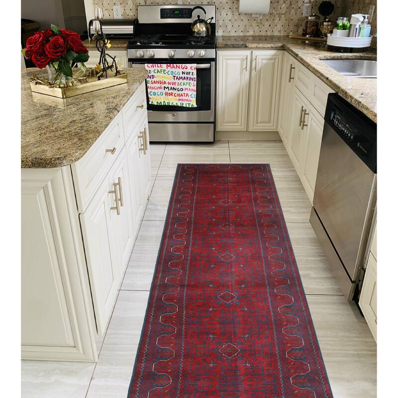 Khamyab Rose Red/Navy Runner - 2'8" x 13'5"