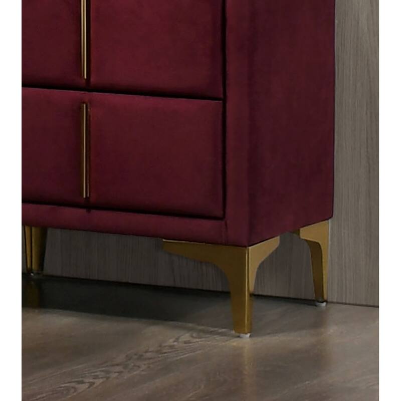 Red And Gold Coated 1pc Nightstand Bar Pull Handle Fully Upholstered Flannelette Classy Bedroom Furniture Bedside Table