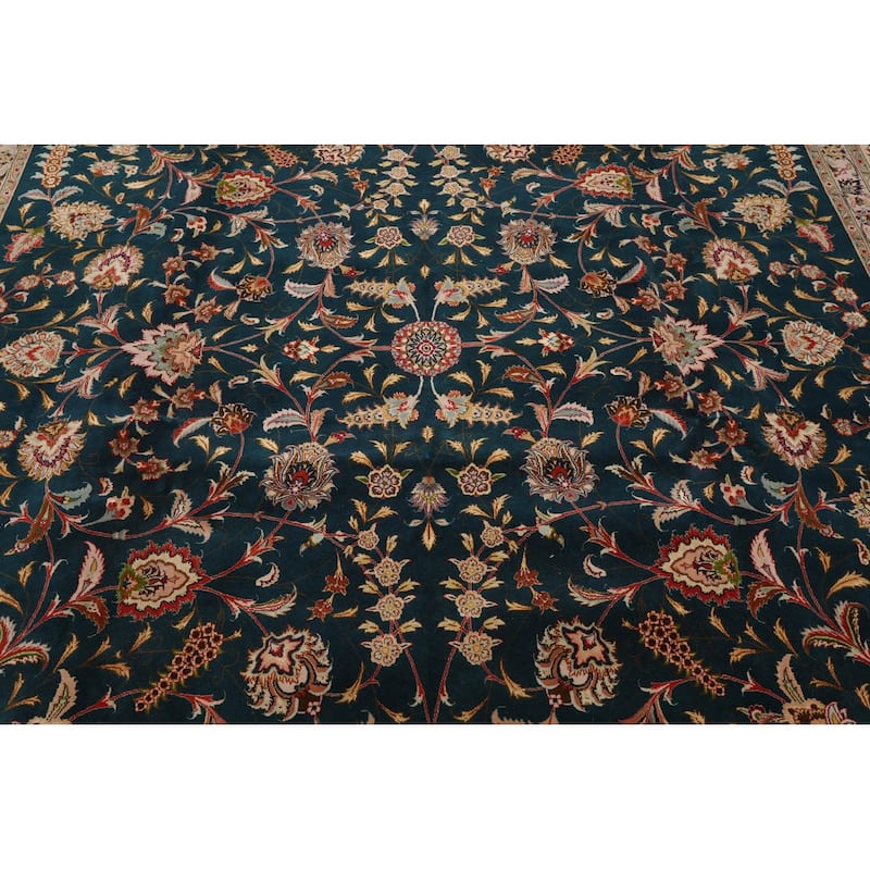 Hand Knotted Teal Persian Wool & Silk Traditional Oriental Area Rug - 10' x 13' 4''