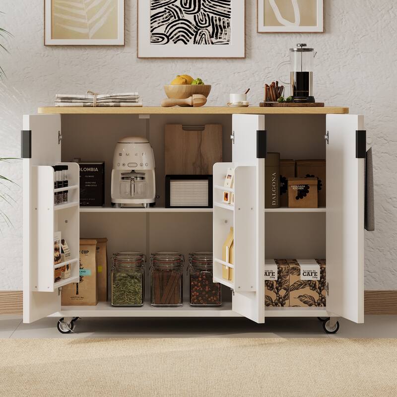 Anmytek 51" Fluted Rolling Kitchen Island with Drop Leaf & Storage, White Ash Farmhouse Cart with Towel Rack