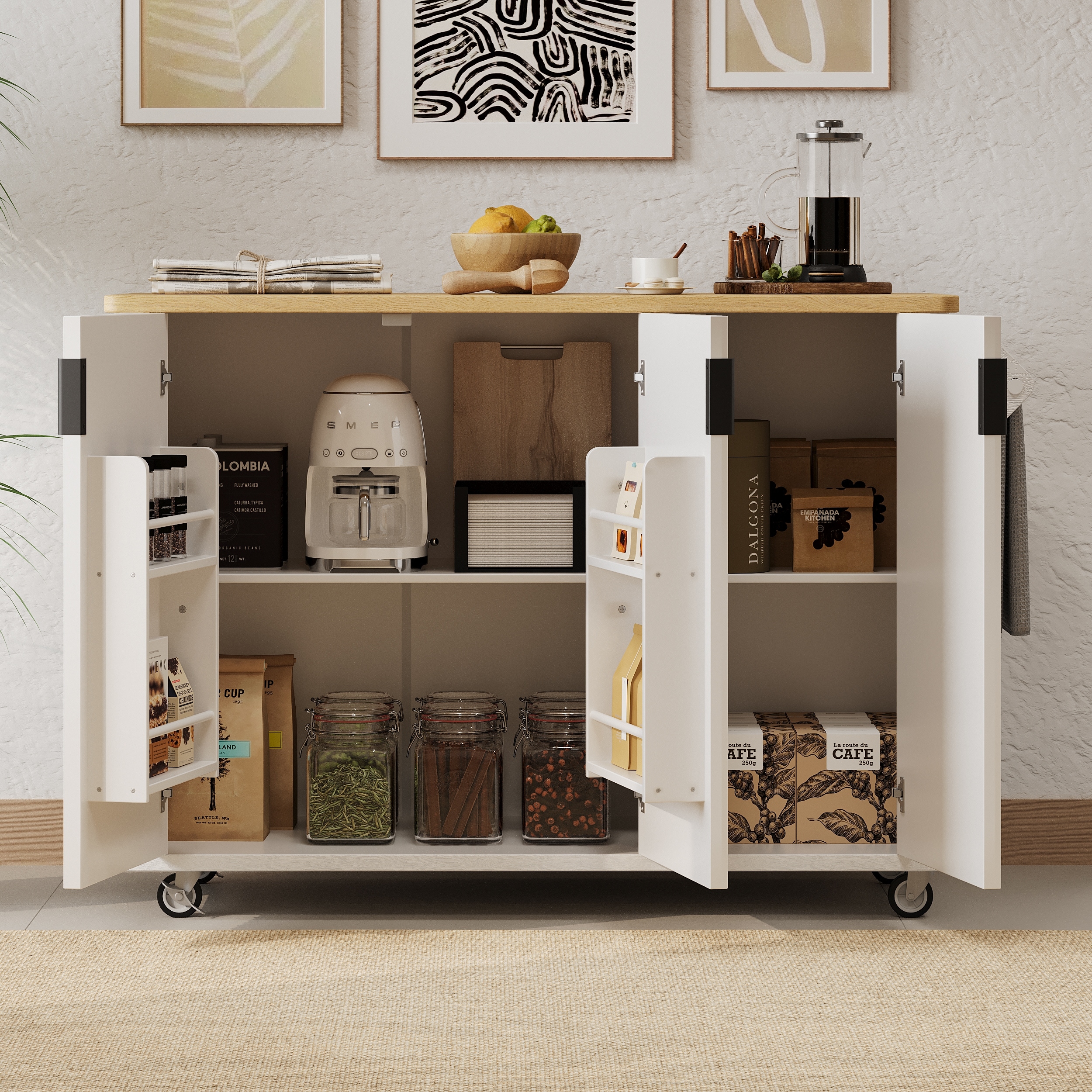 Kitchen Island with Drop Leaf, Farmhouse Kitchen Island on Wheels with Internal Storage Rack, Towel Rack for Kitchen
