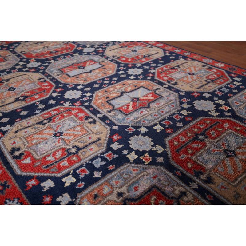 Geometric Navy Blue Khotan Indian Rug Hand-Knotted Wool Carpet - 4'0"x 6'1"