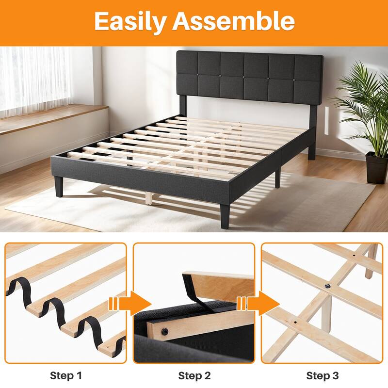 Queen Size Platform Bed Frame with Fabric Upholstered Headboard and Wooden Slats Support, No Box Spring Needed/Easy Assembly