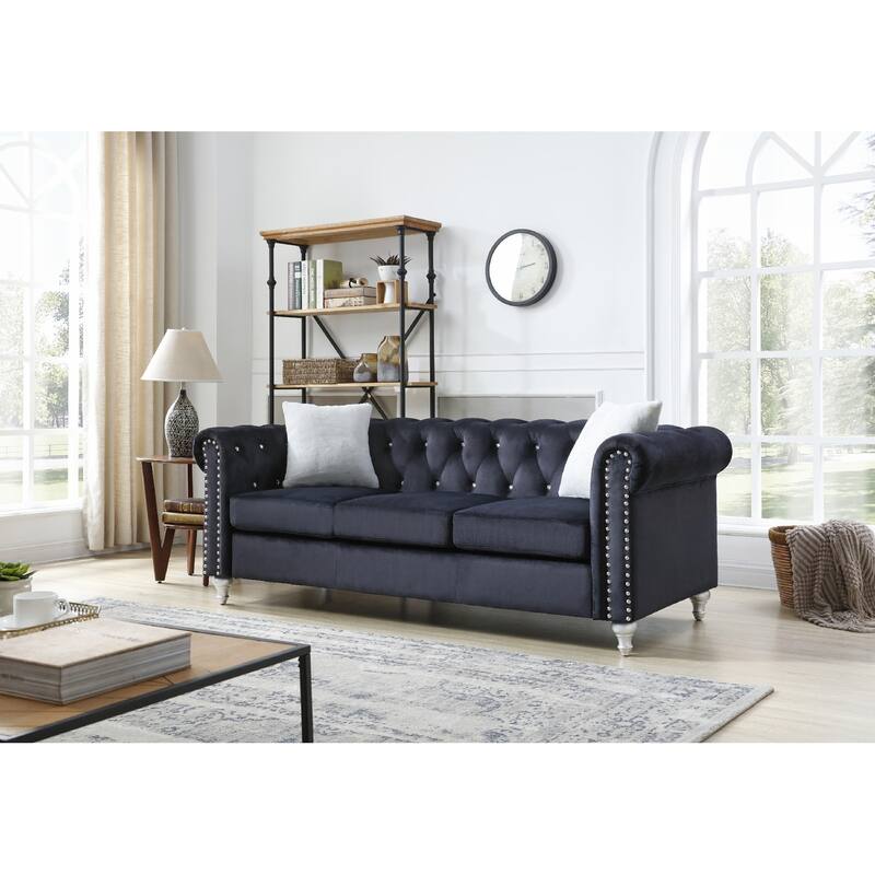 Tufted Faux Jewel Velvet 3-Seater Sofa with Throw Pillows - 83" - Black