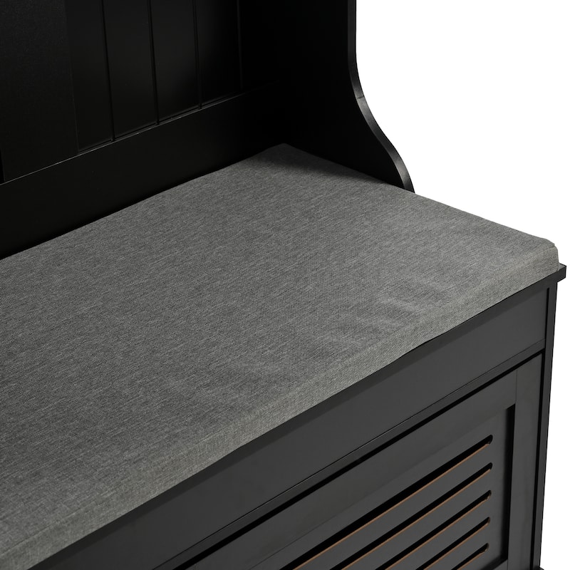 Roomfitters Hall Tree with Shutter Doors, Entryway Bench with Cushion, Hooks and Storage Organizer