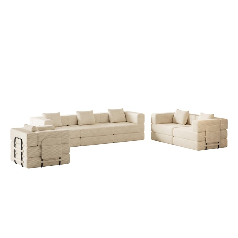 Corduroy Folding Loveseat Couch Set of 3 Convertible Sleeper Sofa Bed with Side Pockets, Modular Floor Mats with Anti-slip Pads