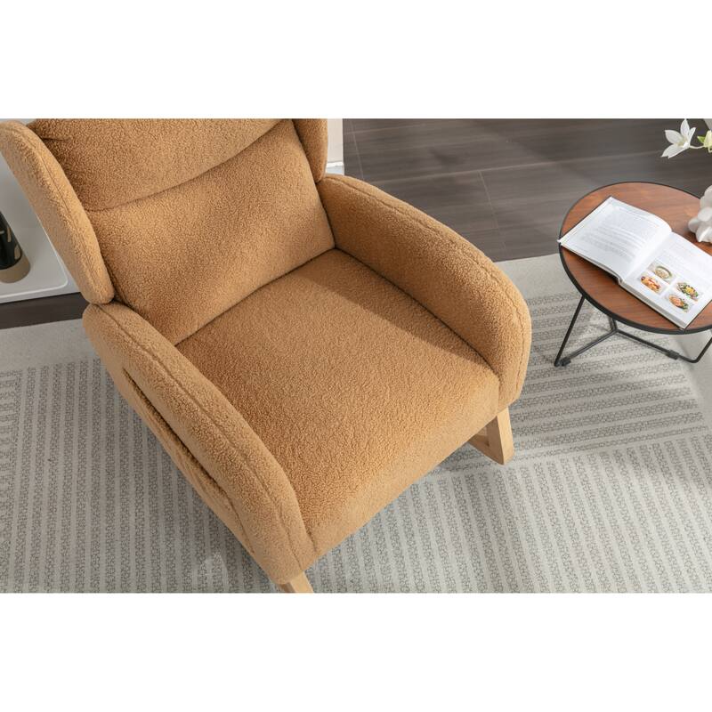 Glider Rocking Chair with Wing Back, Teddy Leisure Chair with Wood Legs, Upholstered Rocker Chair with Side Pocket