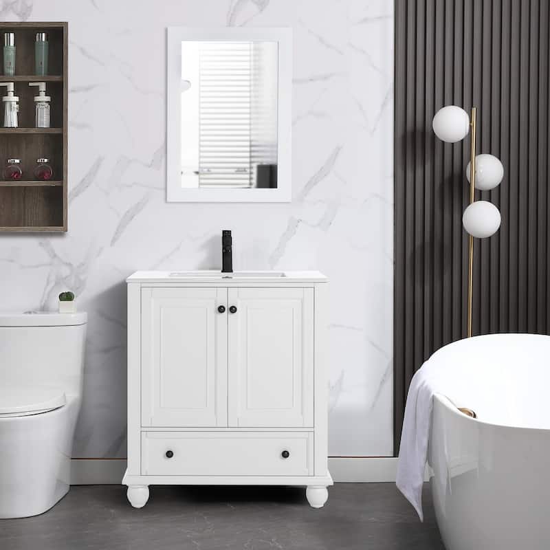 Retro Bathroom Vanity Cabinet Solid Wood Classic with Ceramic Sink - 30 in - White