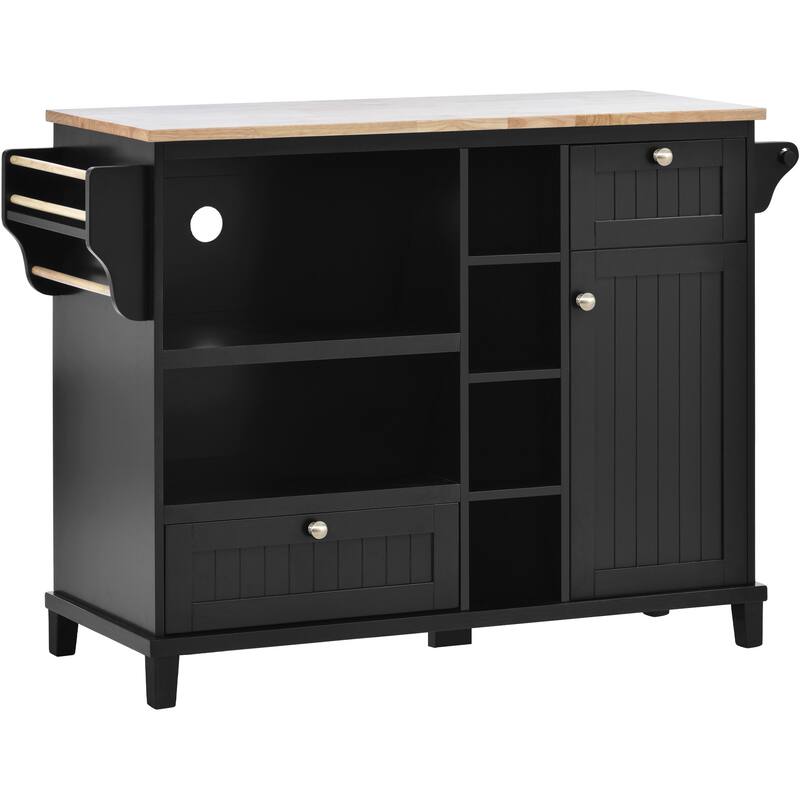 Kitchen Island with Solid Wood Desktop, Kitchen Island Cart on Locking Wheels, Rolling Island Cart with Cabinets & Drawers