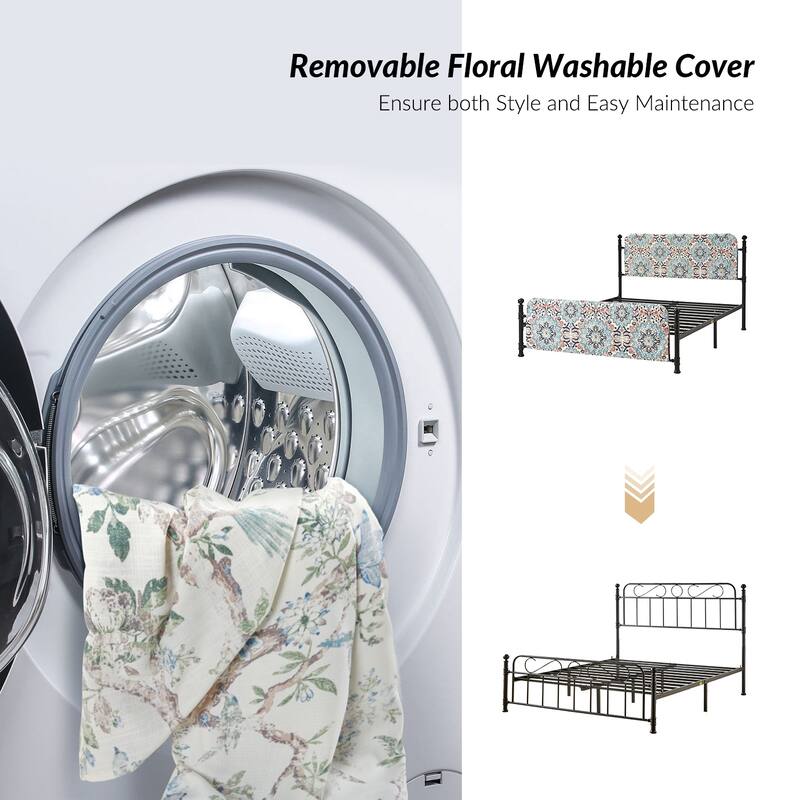 Diana Transitional 62" Floral Upholstered Platform Metal Bed Frame with Washable Slipcover by HULALA HOME