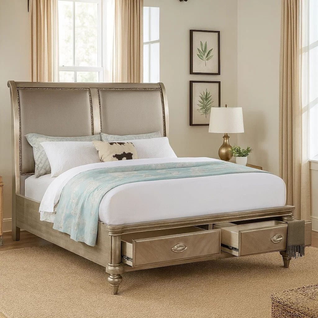 Ella Modern California King Storage Bed, Faux Leather Upholstery, Gold