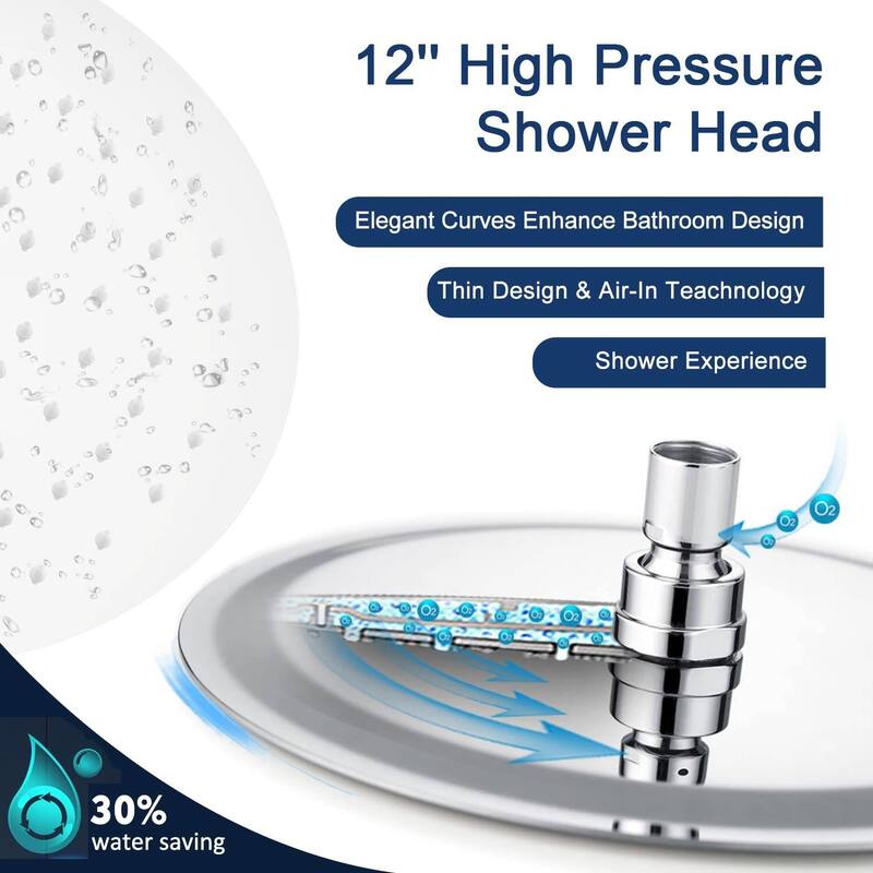 Bathlet 12" Rain Shower Head with Adjustable Height & Distance Extension Arm