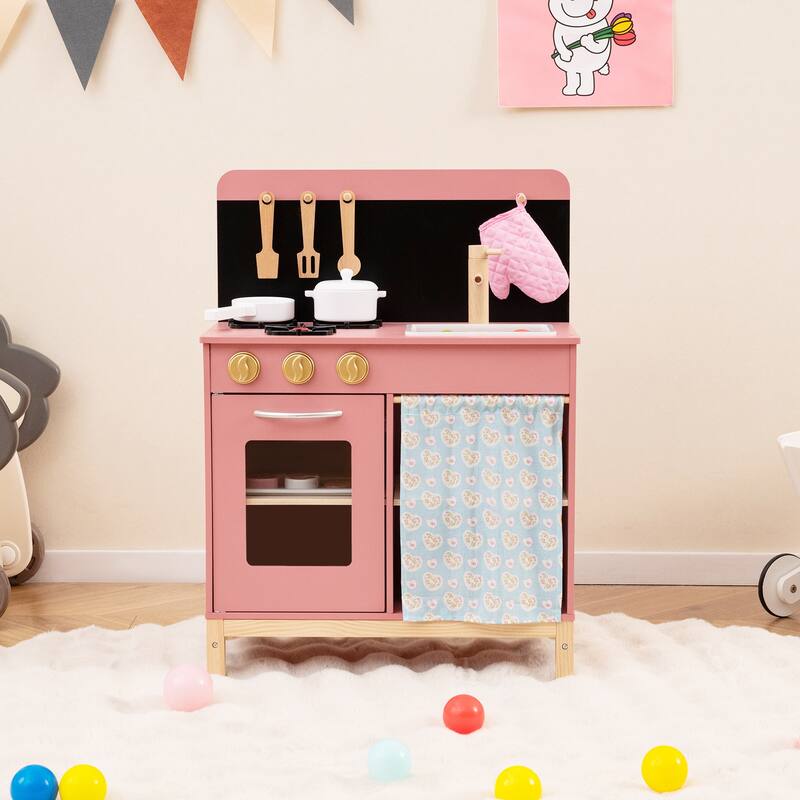 Gymax Play Kitchen for Kids w/ Door Curtain Stoves Sink & Oven