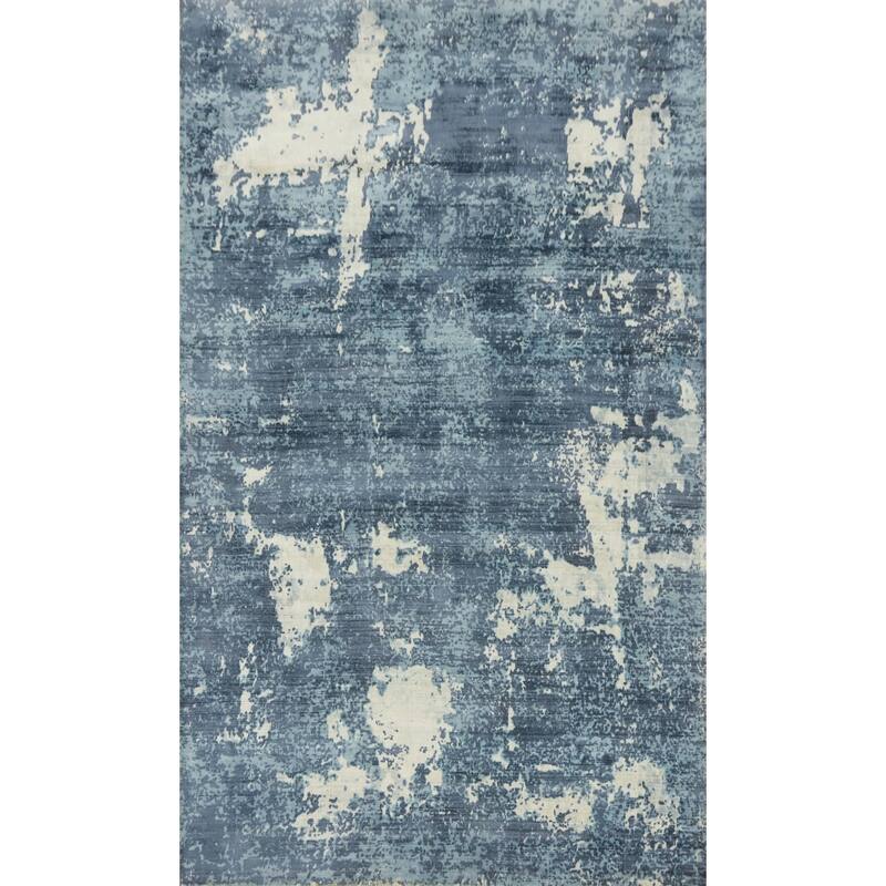 Hand-knotted Modern Silk Blue Abstract Oriental Area Rug - 8' 0'' X 5' 2''