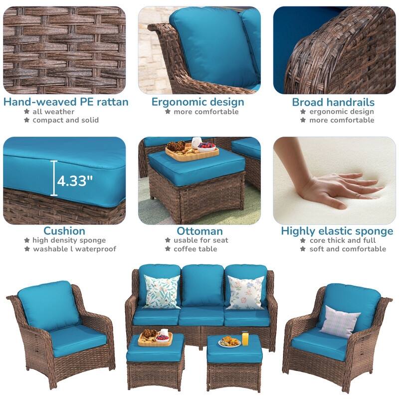 5-piece Patio Furniture High Back Conversation Set with Peacock Blue Cushions