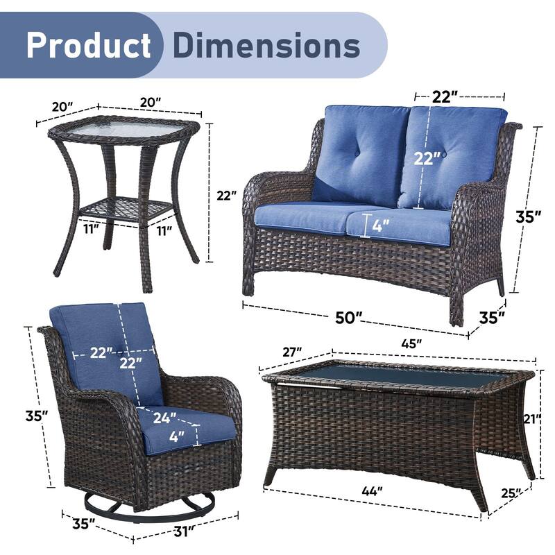 Pocassy 4 Pieces Outdoor 4 Inch Sofa Swivel Chairs Table