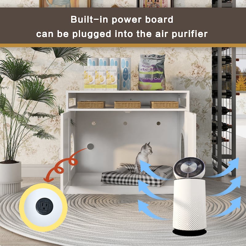 Anmytek White Large Wooden Cat Litter Box Enclosure Furniture with Hidden Plug 2 Doors Cat Washroom Storage Bench Side Table