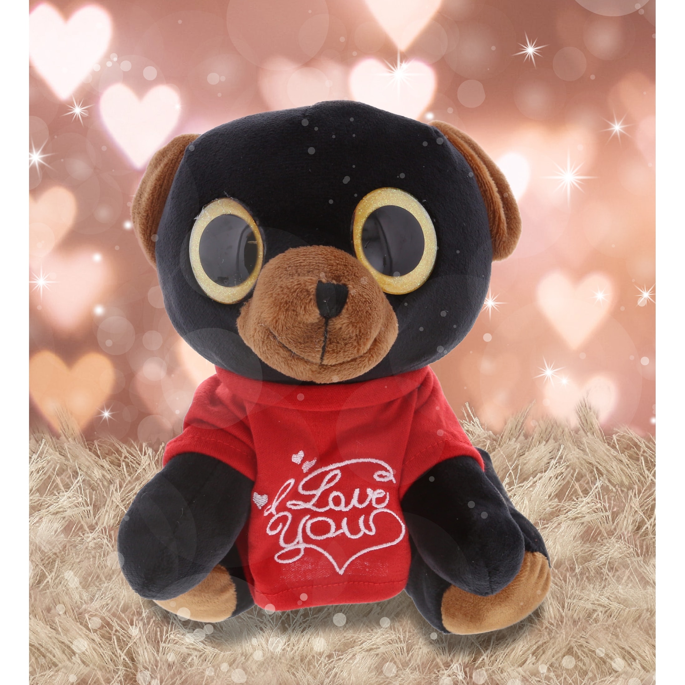 Sparkling Big Eye Black Bear Stuffed Animal Plush in I LOVE YOU