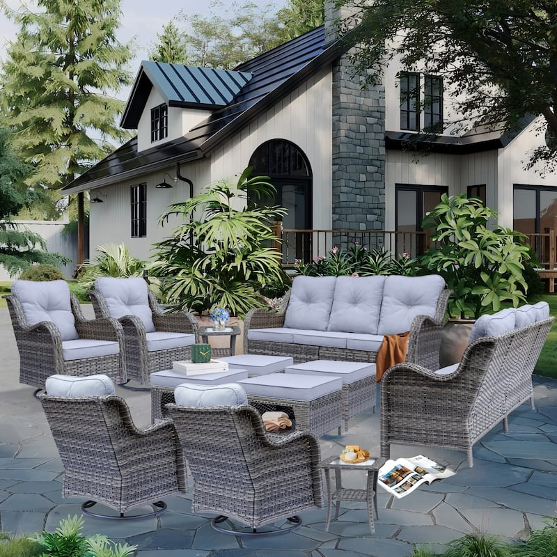 12 Piece Outdoor Patio Conversation Wicker Furniture Swivel Chair Sets - Grey-Gray Rattan