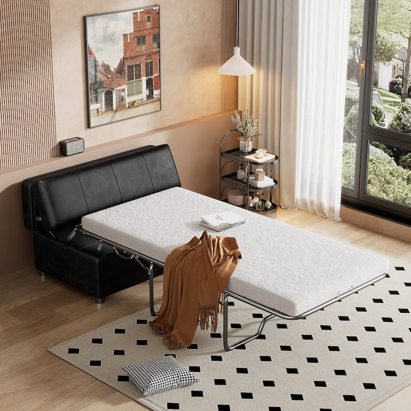 Roomfitters Twin Size Folding Ottoman Sleeper Bed with Mattress, Compact Convertible Guest Bed for Living Room