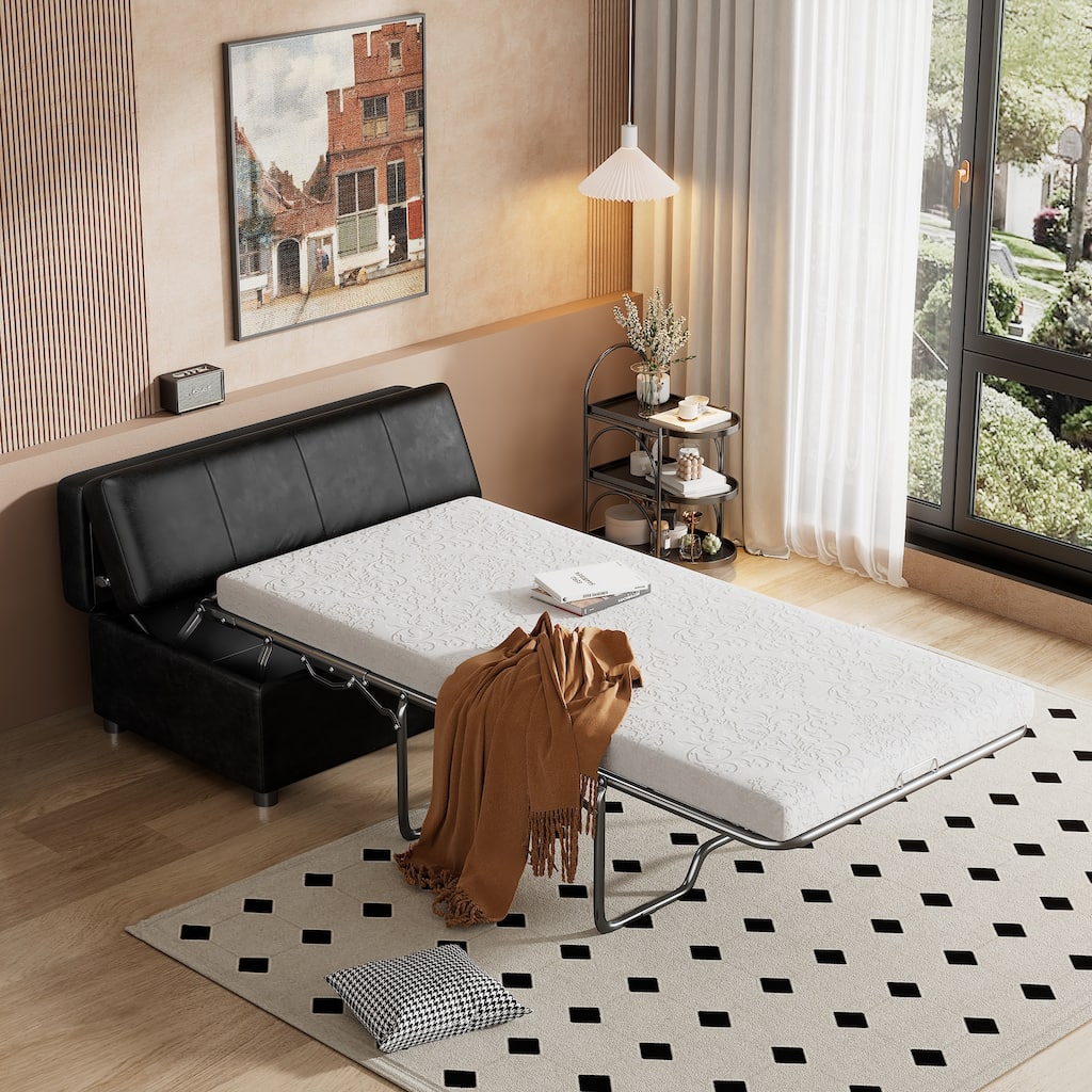 Twin Size Folding Pull out Ottoman Sleeper Bed with Mattress Convertible Guest Bed, PU Upholstered Sleeper Sofa