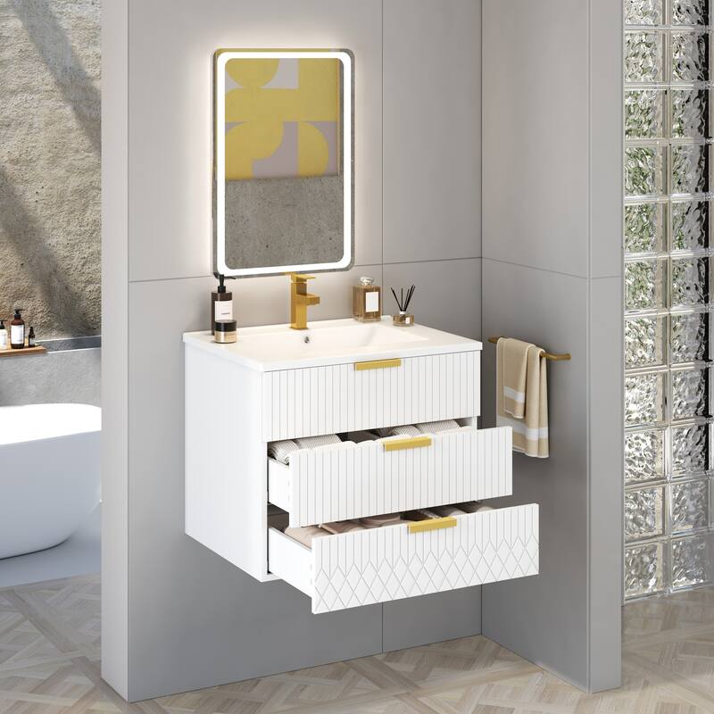 24'' Wall Mounted Bathroom Vanity with Ceramic Sink, Floating Bathroom Cabinet with 2 Drawers, Small Bathroom Storage Cabinet