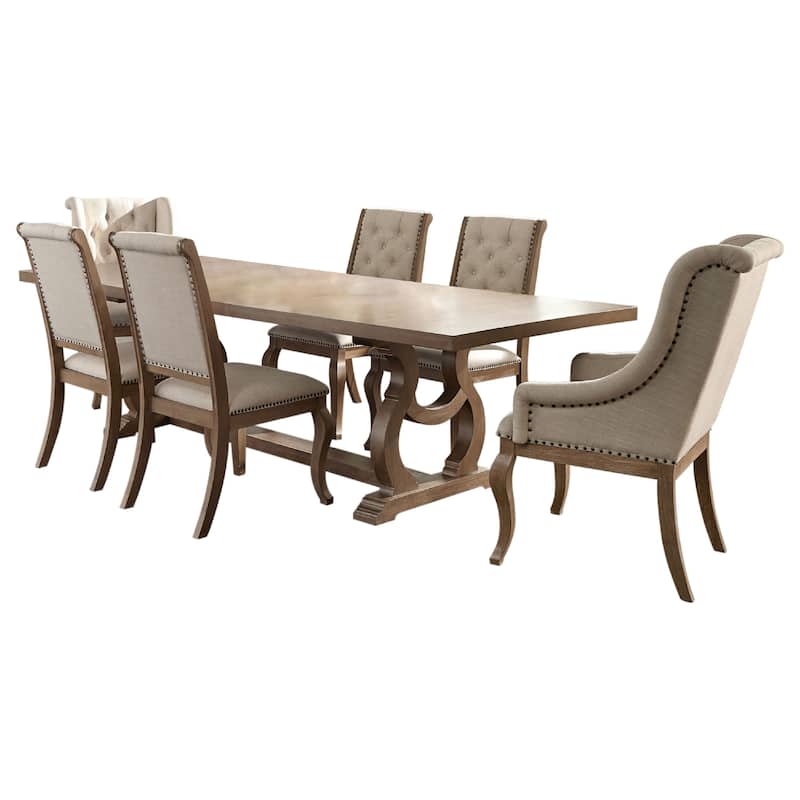 Sev 7pc Dining Table Set, 84-104 Inch Top, 6 Cream Fabric Chairs, Barley Brown