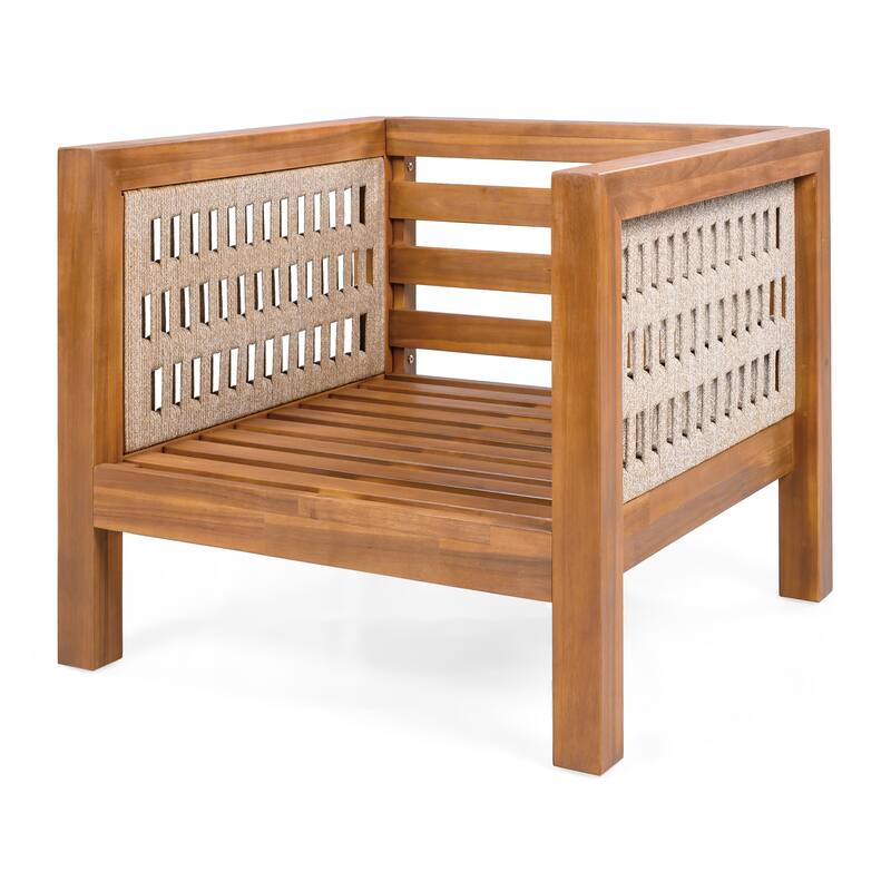 Beige Teak Outdoor Club Chair Upholstered Arm Chair with Wicker Armrest, Coffee Chair Reception Chair Side Chair