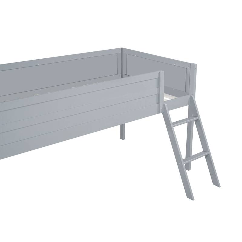 Grey Twin Size Gaming Loft Bed with Integrated Desk and LED Lighting, Storage Space for Consoles