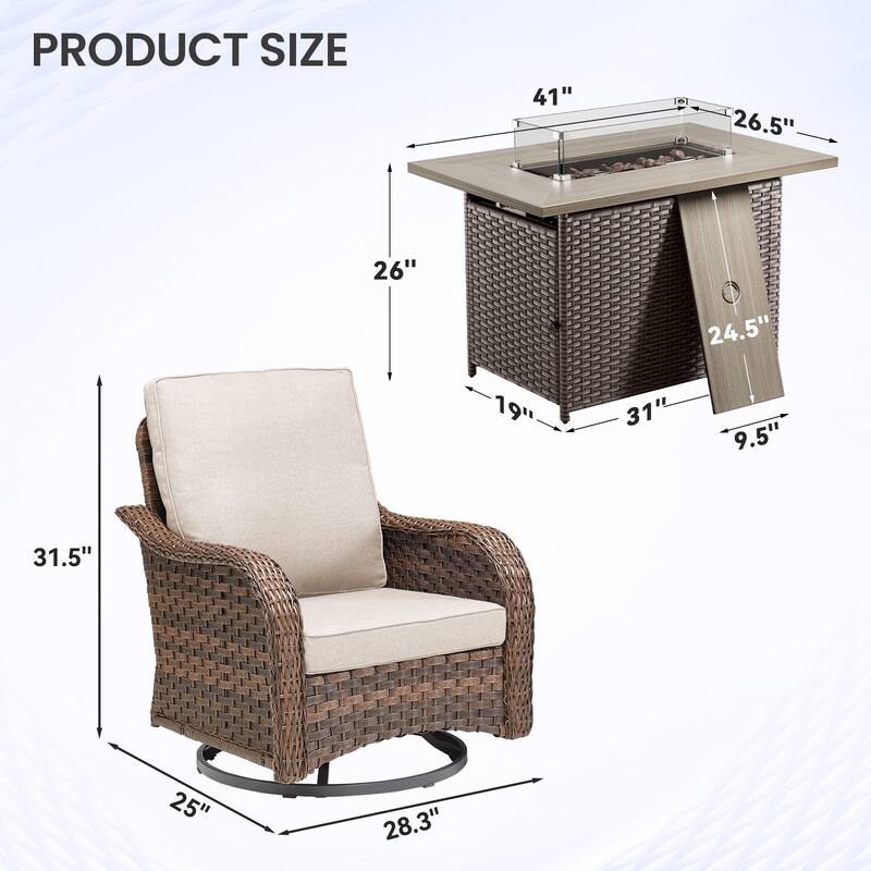 Pocassy Patio Funiture Sofa Swivel Chairs Ottoman with Fire Table Set