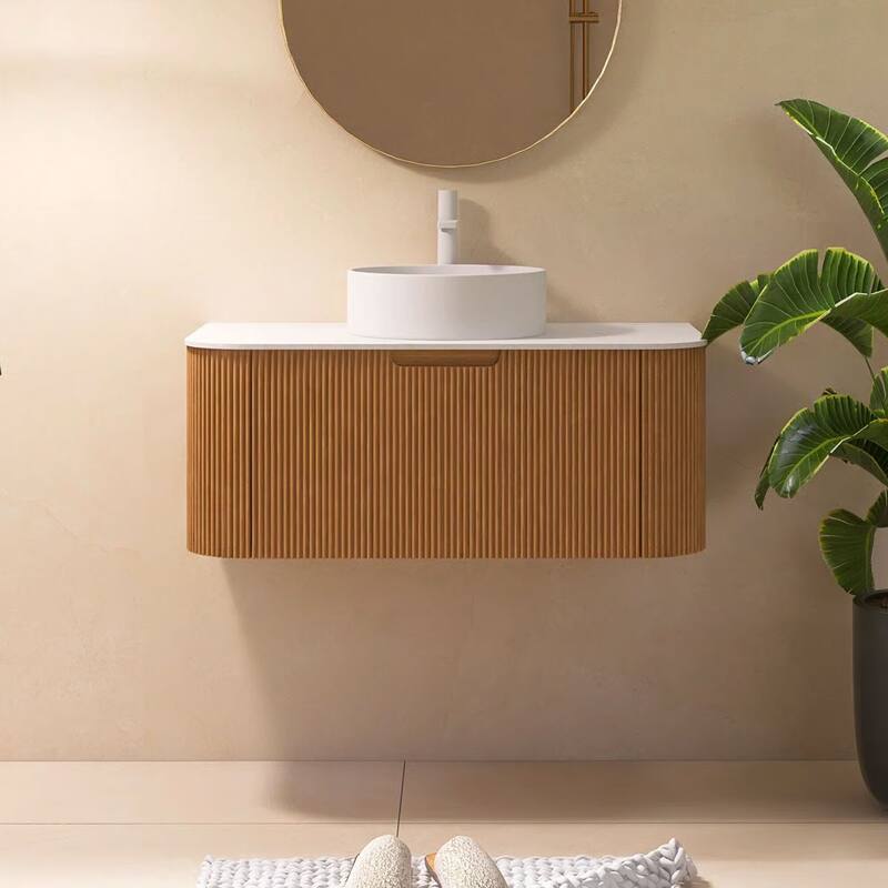 Wall-Mounted Bathroom Vanity with White Round Ceramic Sink - 35.83'' x 18.9'' x 19.48'' - Natural Wood