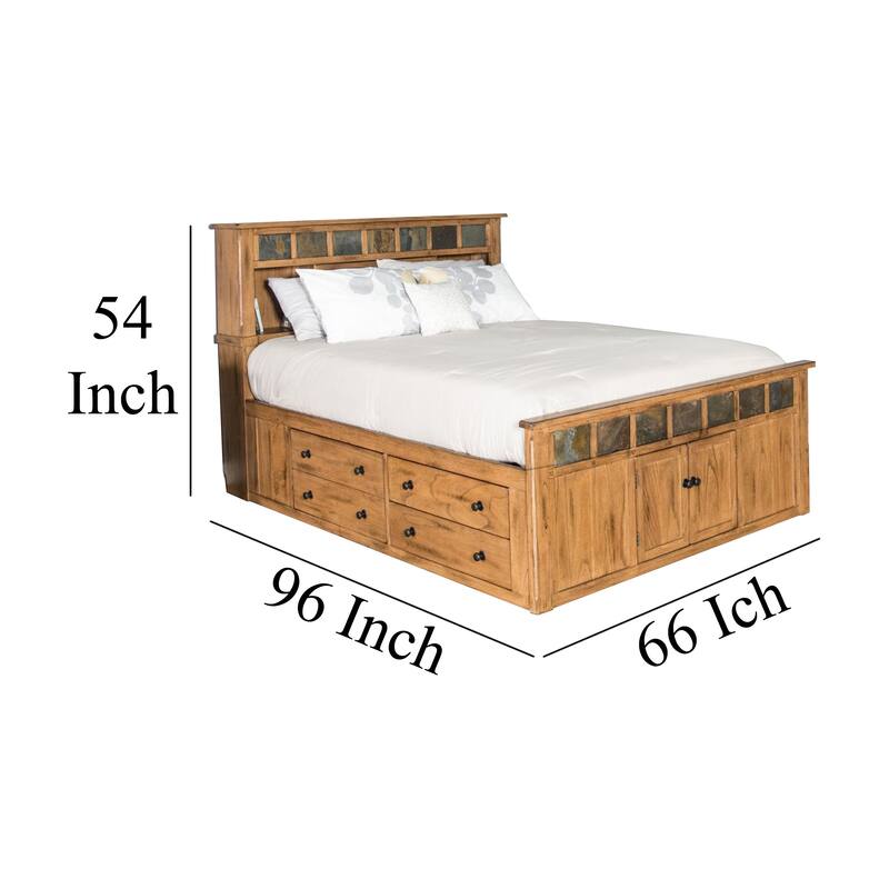 Marv Queen Size Bed, Storage Footboard Bookcase Headboard, Light Brown