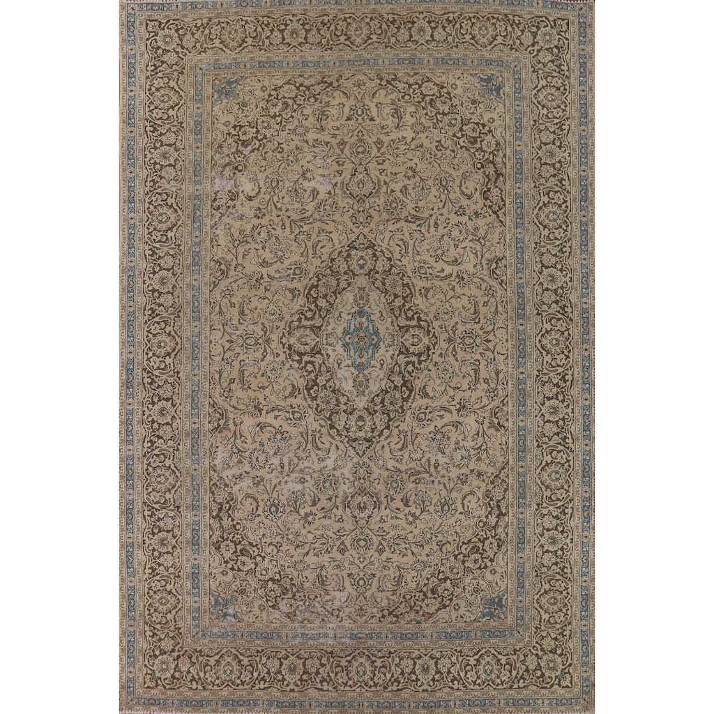 Traditional Distressed Kashan Vintage Persian Rug Handmade Wool Carpet - 9'4" x 13'0"