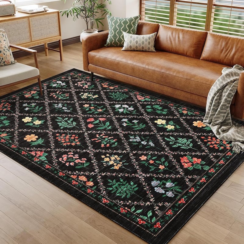 Vintage Floral Washbale Floor Cover Area Rug for Bedroom, Living Room, Black - 1'6" x 2'6" - Black 5' x 7'