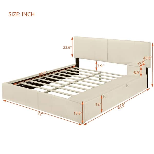dimension image slide 1 of 2, Velvet Platform Bed with Storage and Cup Holder, Queen Size