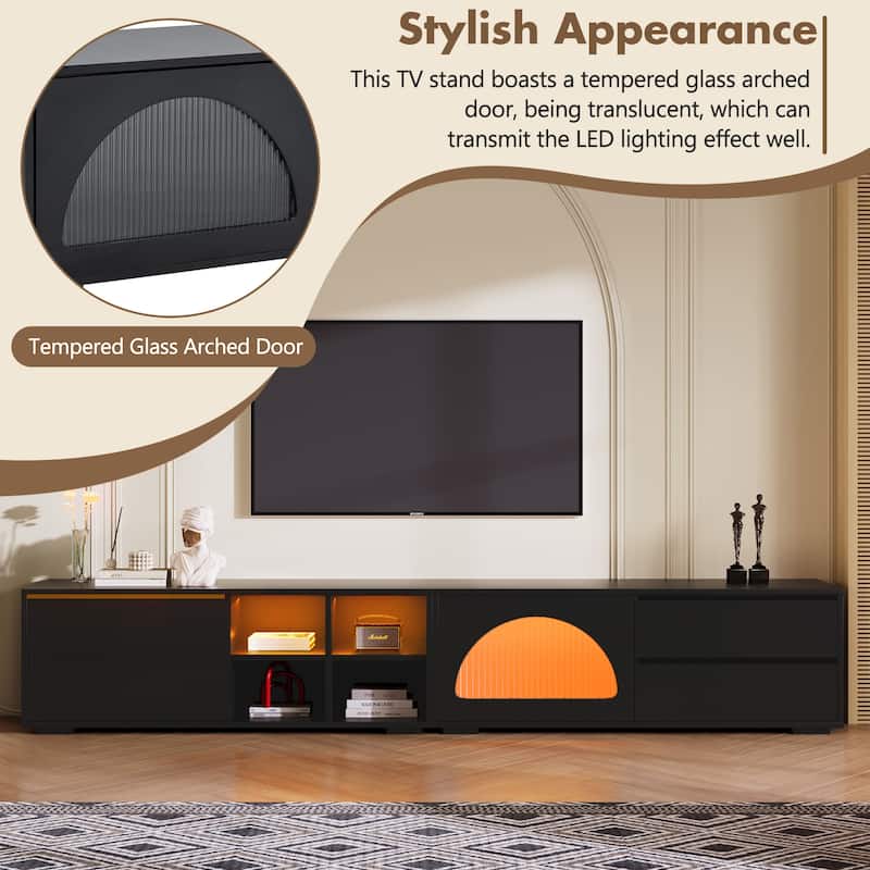 94.4" Modern TV Stand for 100" TVs, Arched Tempered Glass Door, Sliding Panel & 2 Drawers, App-Controlled LED Console