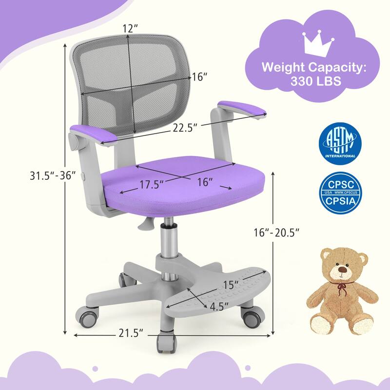 Height Adjustable Children Desk Chair with Swivel Base and Lumbar Support Smooth Wheels - 22.5" x 21.5" x 31.5"-36"