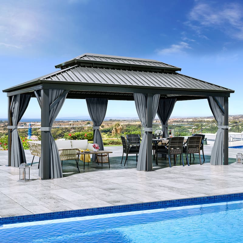 Metal Outdoor Canopy Gazebo with Netting and Shaded Curtains